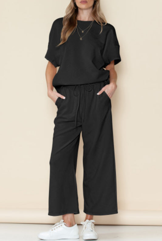 Black Textured T-shirt and Pants Set