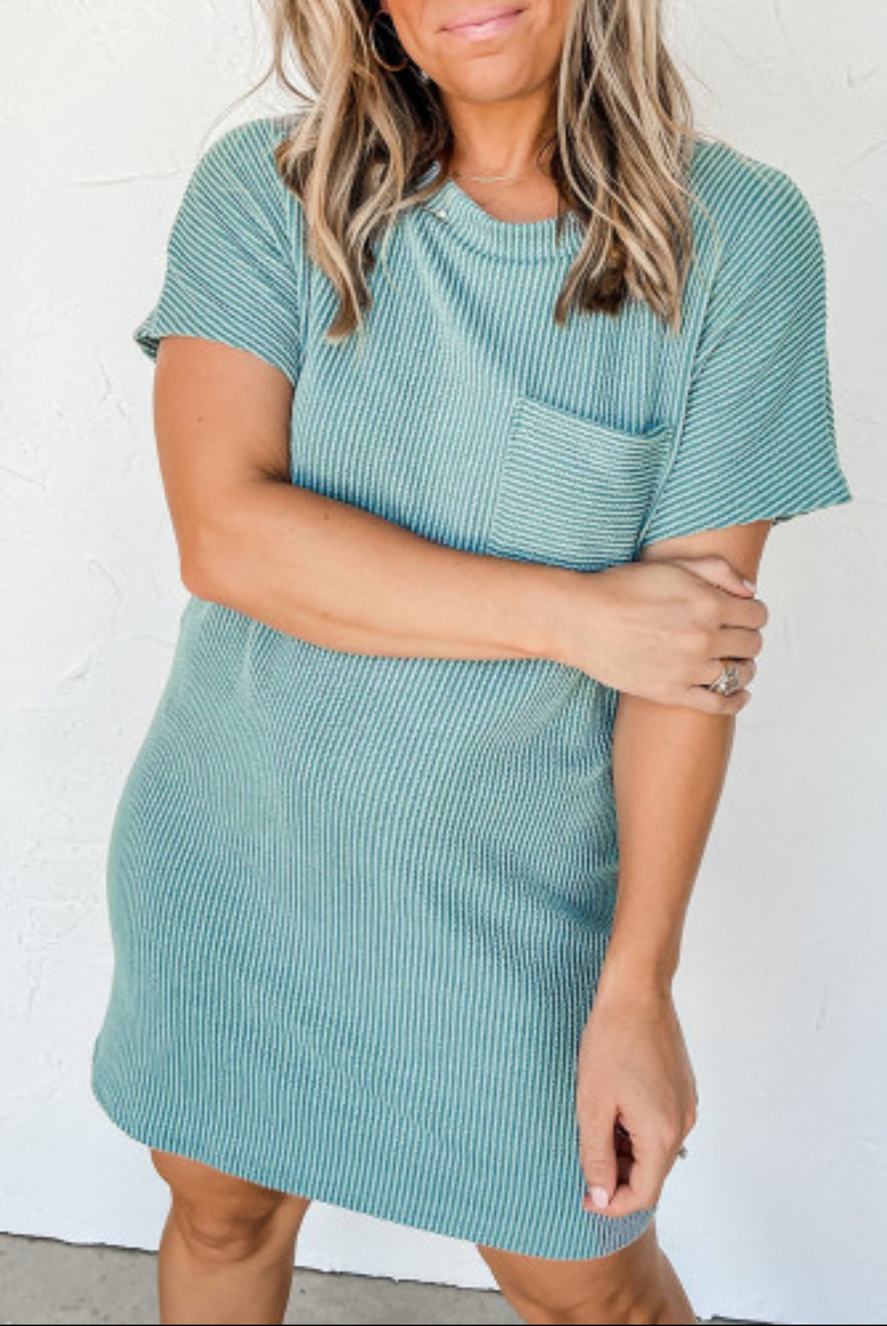 Blue Ribbed Chest Pocket T-shirt Dress